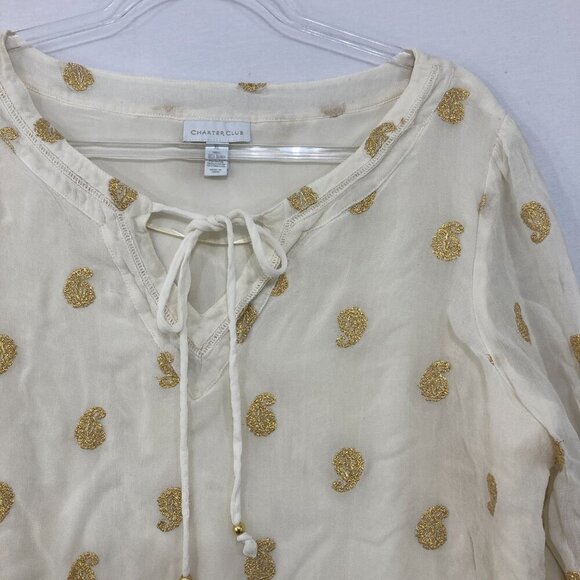 Charter Club size XL Cream Gold Paisley Tie Front Soft Comfy Feminine Blouse - Picture 6 of 9